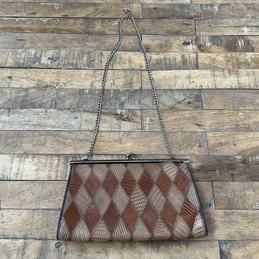 Vintage Clutch Handbag Kiss Lock Genuine Teju Lizard Skin Leather Patchwork - Picture 5 of 11